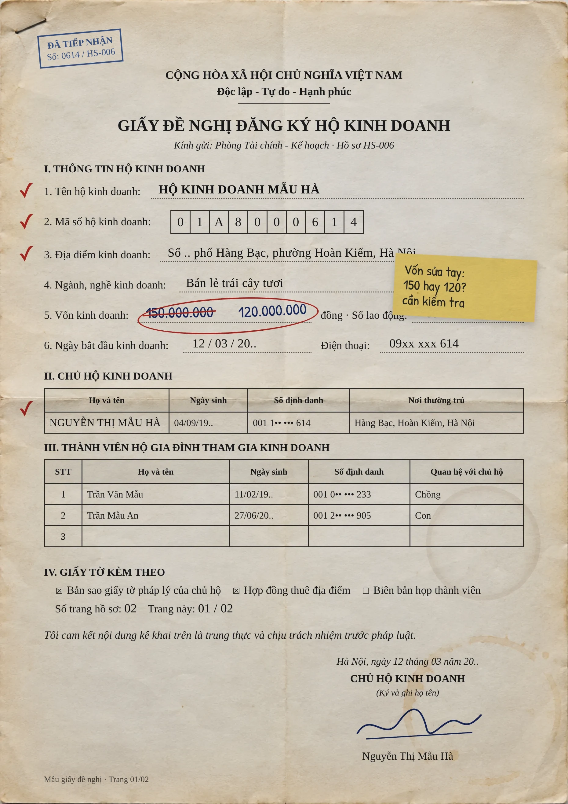 Illustration: the same record, the hand-edited capital box circled, fake data.