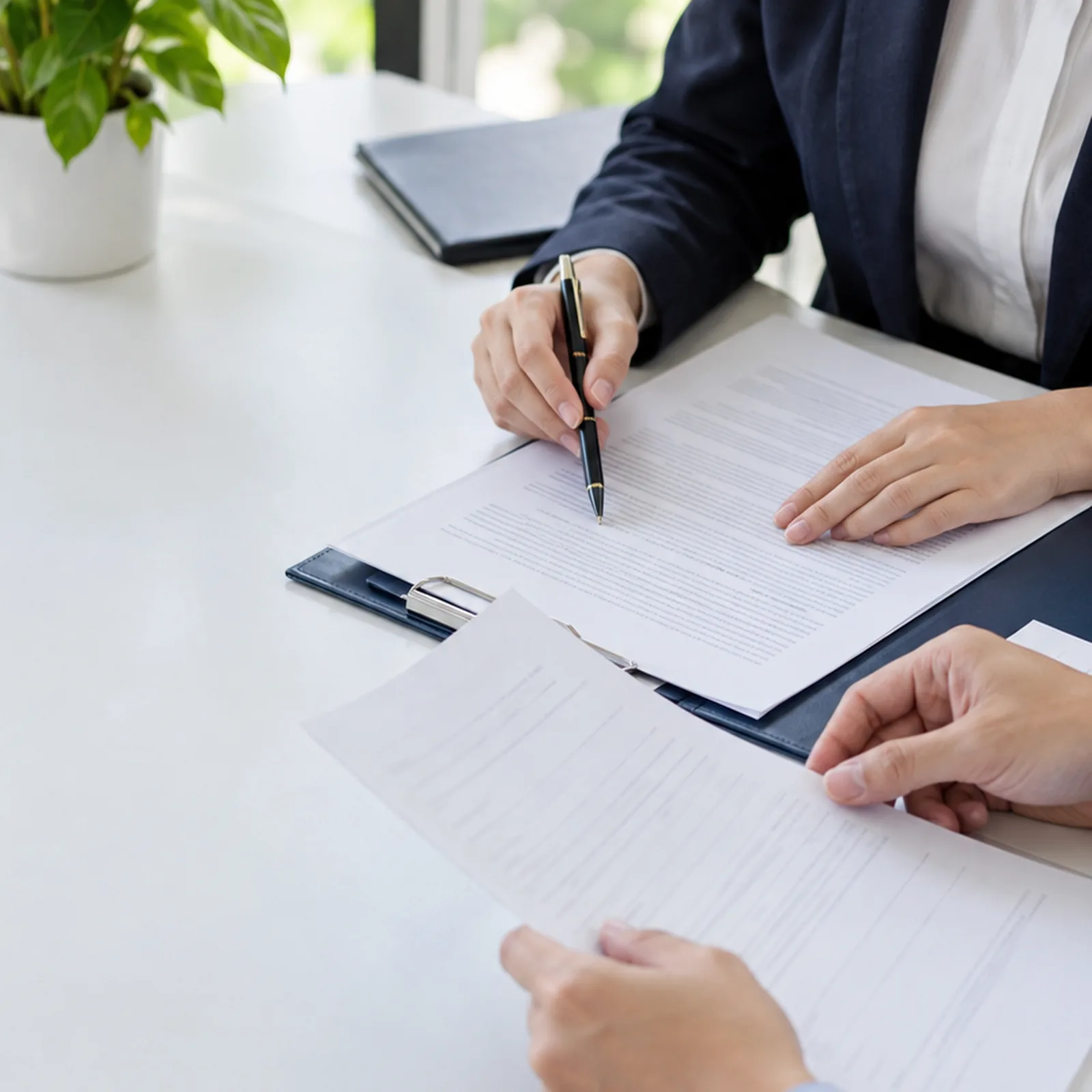 Generated image: two reviewers mark up a sample file on a white table.