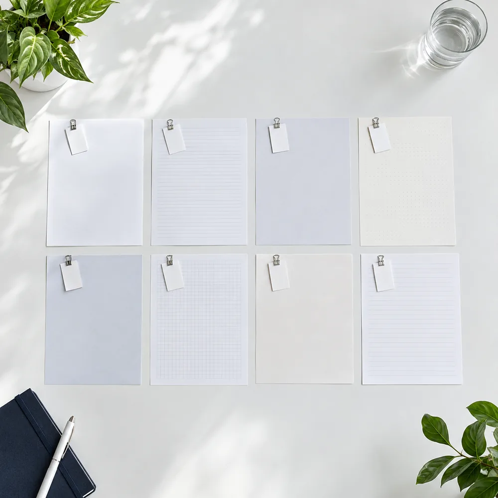 Generated image: eight sample sheets in a grid on a white table, each tagged.