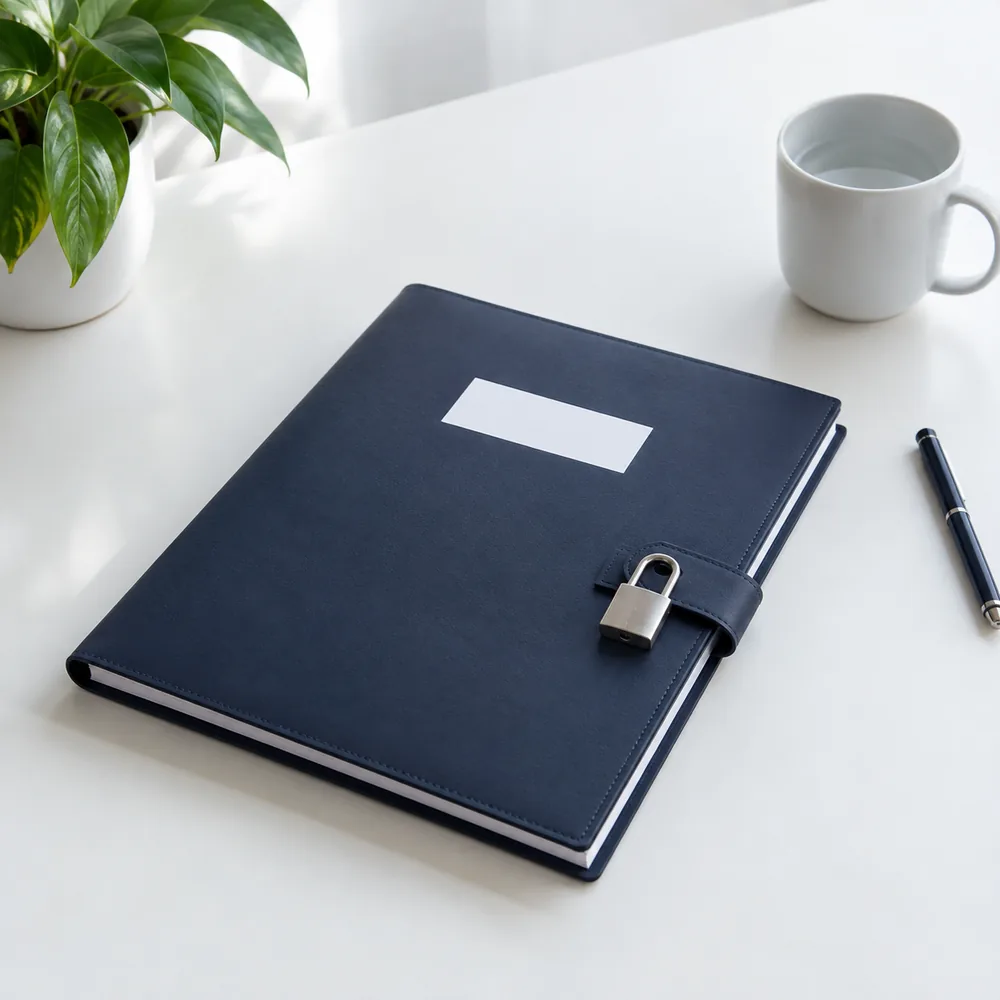 Generated image: a navy folder locked with a silver padlock on a white table.