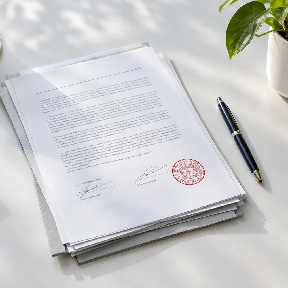 Generated image: a stack of signed minutes with a red seal and a pen beside it.